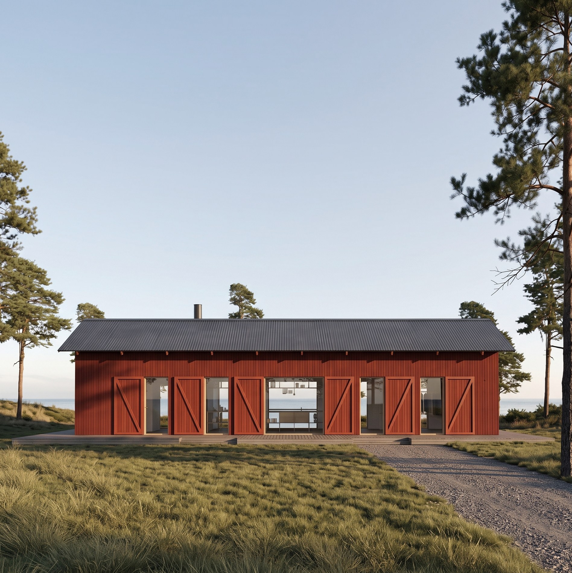 Arkitektritat fritidshus vid Vänern — nybygge i falu rödfärg med luckor för dörrar och fönster, Gödecke Ark